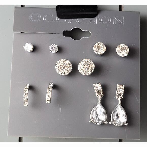 Multi-Set Earrings Clear Faux Crystal New on Card Rhinestone Dangle Hoop Studs - Picture 1 of 11